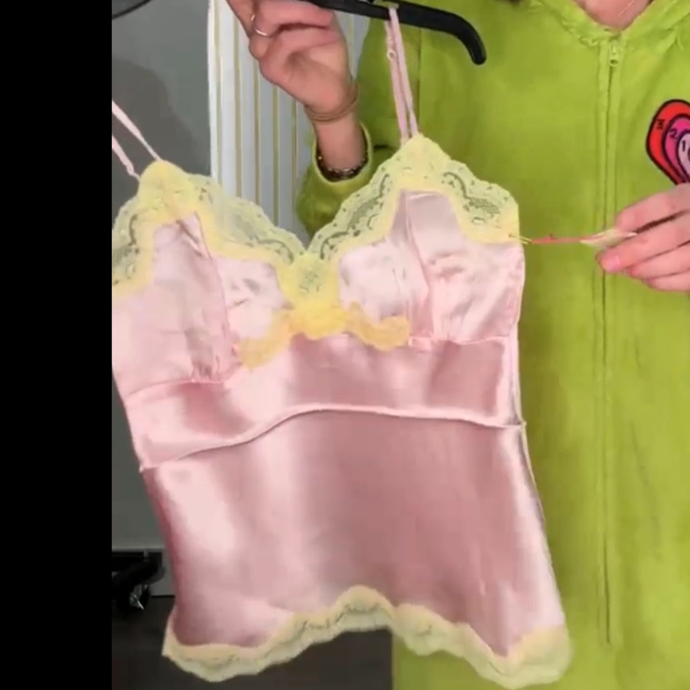NWT GOLDHAWK Y2K Pink and Yellow Lace Trim Satin Camisole